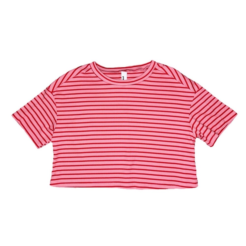 Misguided Striped Waffle Knit Crop Top Tee Womens MED Pink Red Short Sleeve Boxy